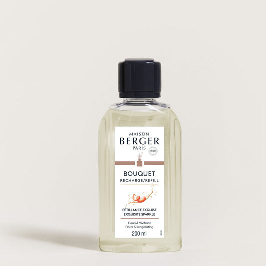 Maison Berger Pétillance Exquise – refill til duftpinner 200 ml – refillflaske med sort kork, sett forfra